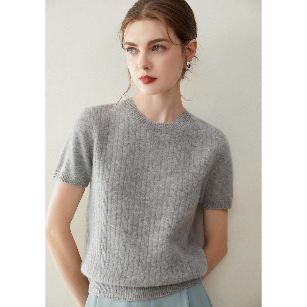 Women's Pure Cashmere Short Sleeve Round Neck Cable Knit Sweater