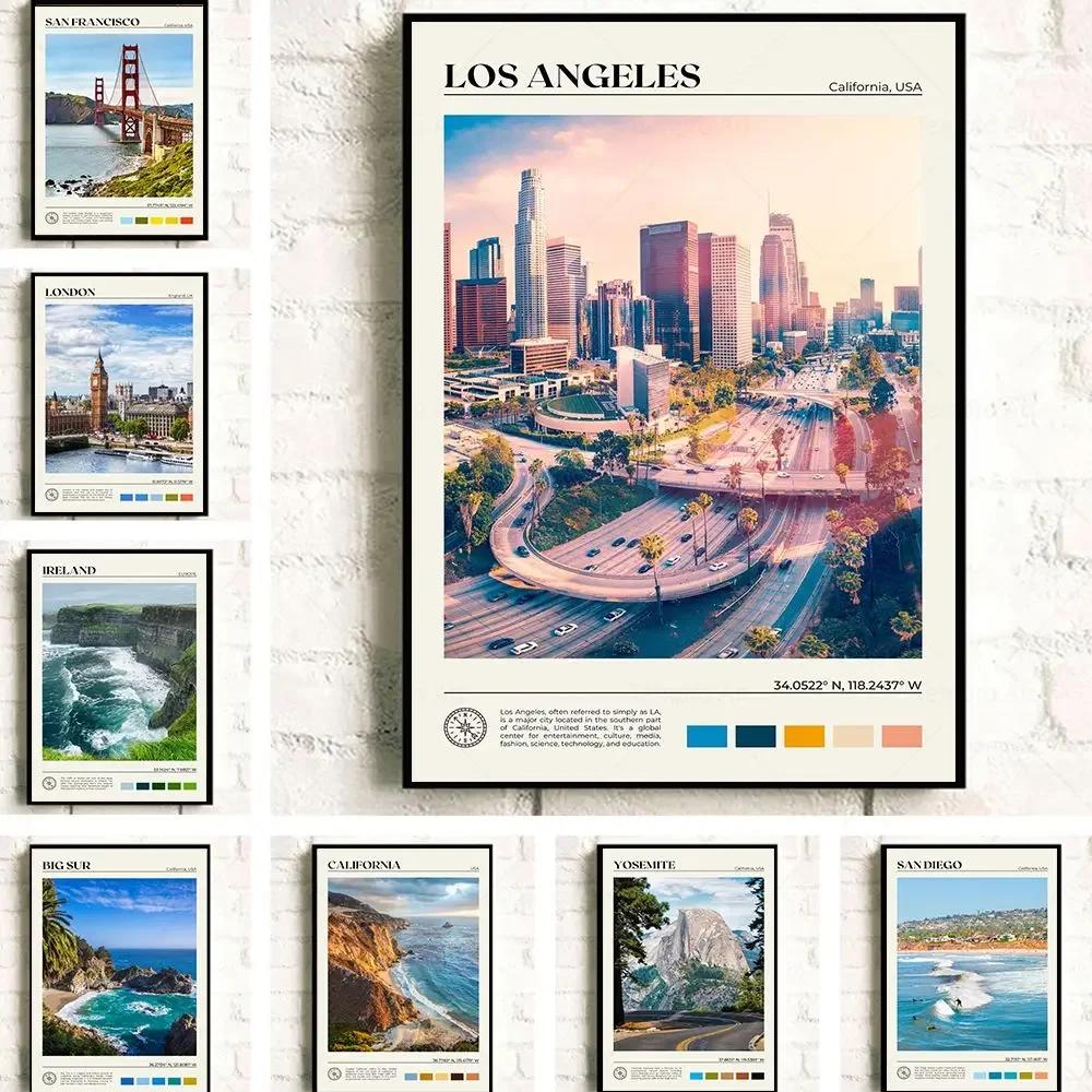 Modern Vintage Wall Art – Travel Scenery of Los Angeles and San Francisco HD Canvas Print Poster for Home and Living Room Decor