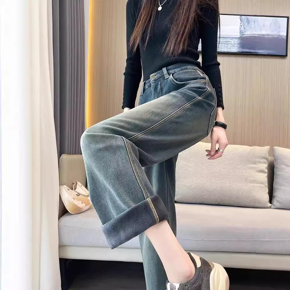 Dámské plyšové džíny s vysokým pasem a širokými nohavicemi - Zimní 2024 Retro rovné kalhoty