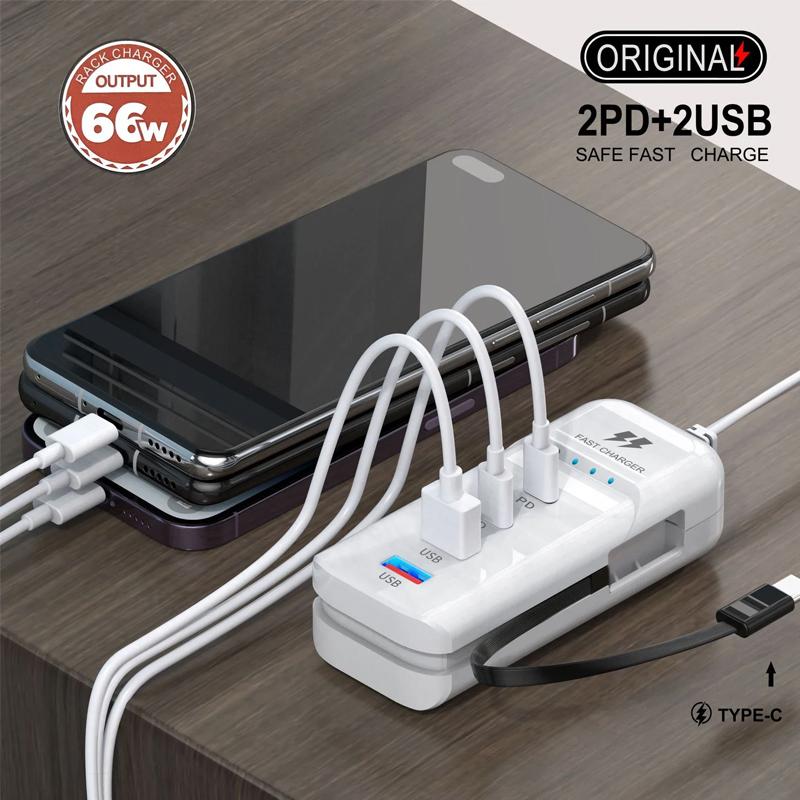 66W Fast PD Charger 4 Ports USB Phone Charger Multifunctional Desktop Charging Extension Station Power Adapter EU US Plug