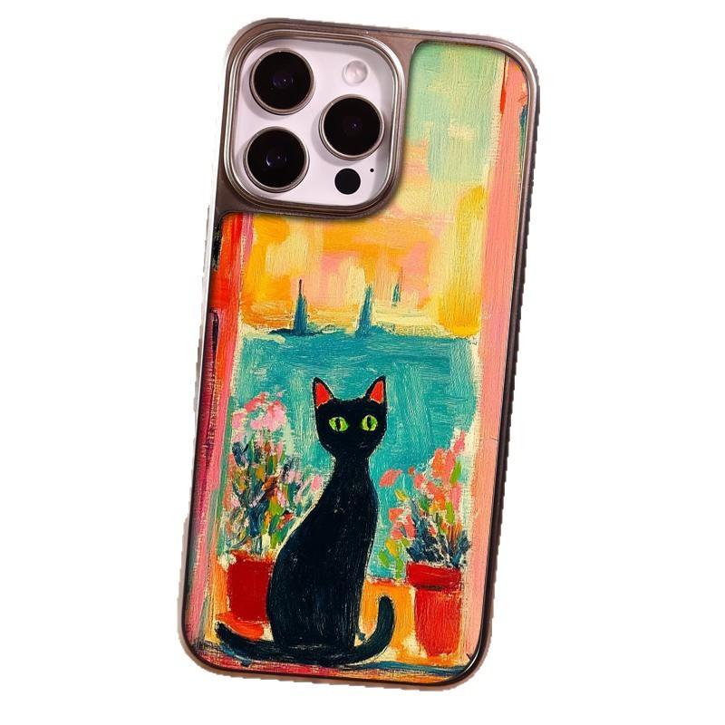 Oil painting sunset black cat for iPhone17promax mobile phone case 15 electroplating 16 matte PC13 art 14 sets