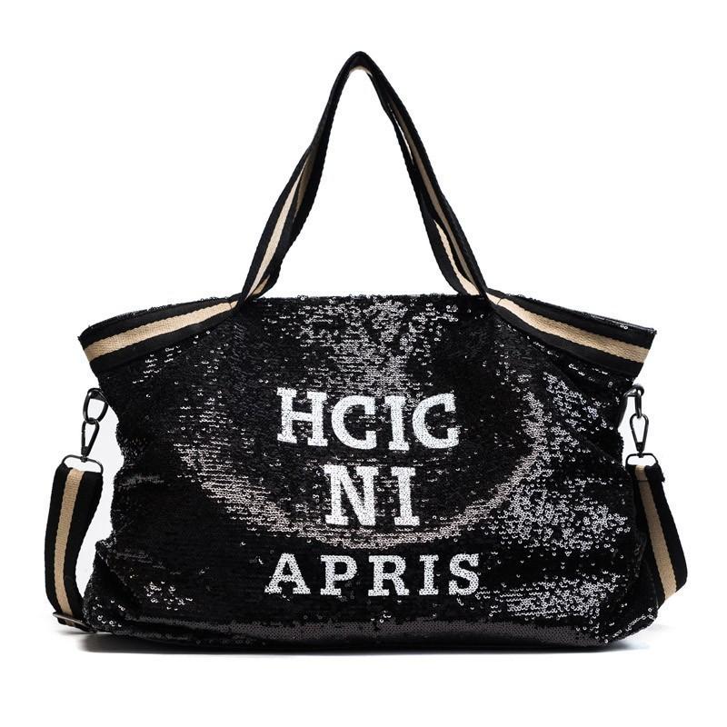 

Casual Women Bling Sequins Shoulder Bags Big Capacity Female Handbag For Lady Travel Large Tote Letter Printed Crossbody Bags чёрный