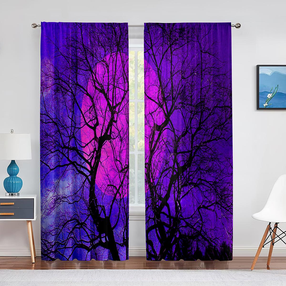 Тюлевые шторы с фиолетовым цветком и полем одинокого дерева — фото 11
