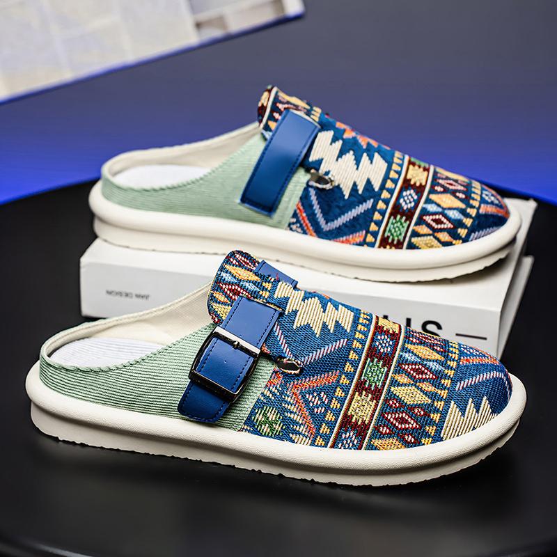 

Мужские полушлепанцы в этническом стиле, большие размеры 39-47, летние повседневные шлепанцы 2025, мужская дизайнерская обувь, модные слипоны, ленивая обувь для мужчин 39
