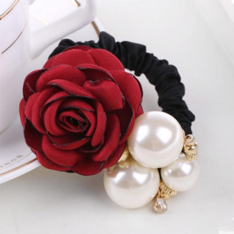 A Rose, Pearl, Large Intestine Ring with a Retro Charm, Camellia, Rubber Band, Hair Tie, Hair Accessory for a Woman