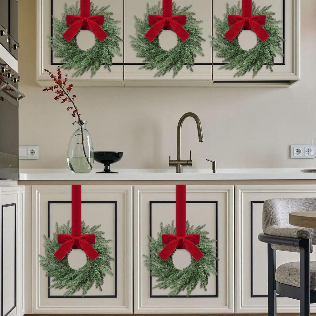 Christmas Kitchen Cabinet Wreaths With Plaid Bow Ribbon Hanging Cabinet Doors Wreaths Decorative For Kitchen Window Outdoor Indoor Holiday Decor