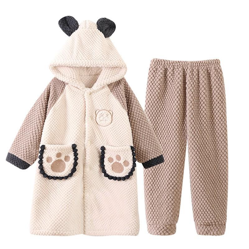 Boys Winter Warm Coral Fleece Pajama Set With Hooded Robe Thick Flannel Sleepwear Kids 8-14 Years