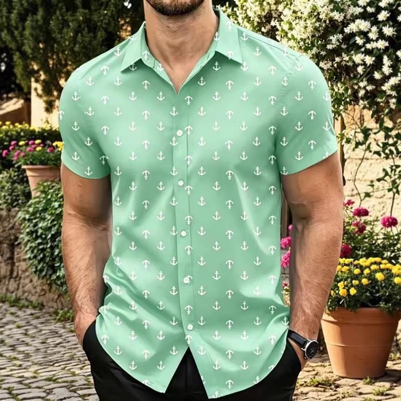 Men Anchor Print Lapel Short Sleeve Button Down Shirt