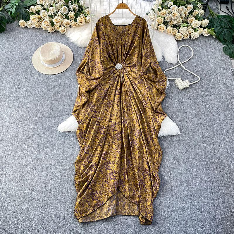 

38 Colors Boho Floral Print V Neck Batwing Dress 2026 New Women Elegant Drawstring Waist Asymmetric Maxi Dress One Size