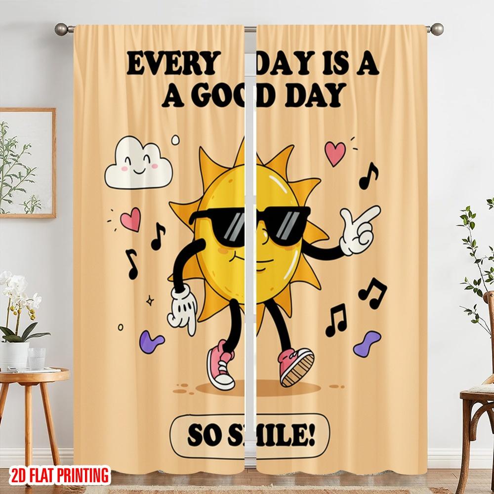 2pcs 2D Flat Printing Curtain Cool Sun Happy Vibes Polyester Without Electricity Family Party for Multipurpose Event Decoration