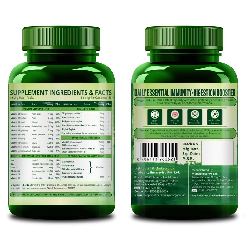 Vlado's Himalayan Organics Immunity Multivitamin Tablets With Probiotics For Men Women Daily Energy And Wellness Support 180 Count