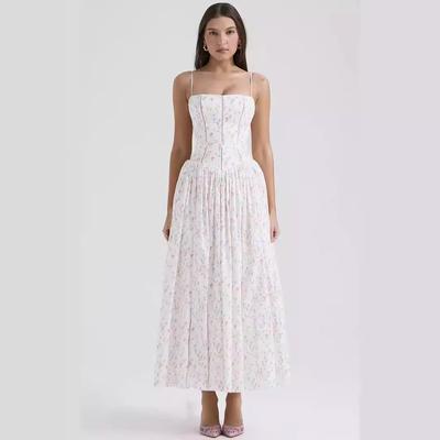 Summer Fashion Strap Dress Elegant Printed Zipper Long Dress