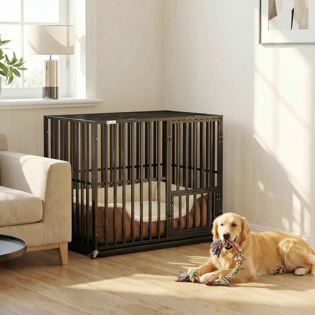 Heavy Duty Dog Crate, Dog Cage with Wheels for Small Medium Breeds, Metal Pet Kennel with Removable Tray