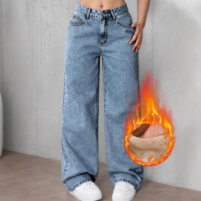 

Women s Plus Velvet Wide-Leg Denim Pants - Autumn/Winter Style, Sweet & Spicy, Versatile, Long, Loose Fit M