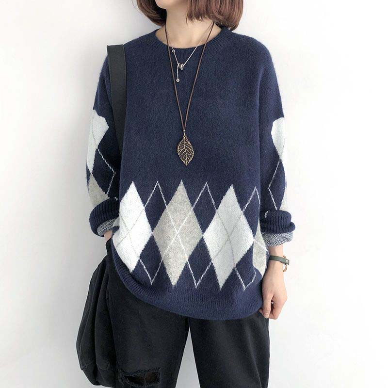 

Свитер для женщин Осень Зима Утепленный Теплый Вязаный Эластичный С длинным рукавом Топы XXL темно-синий