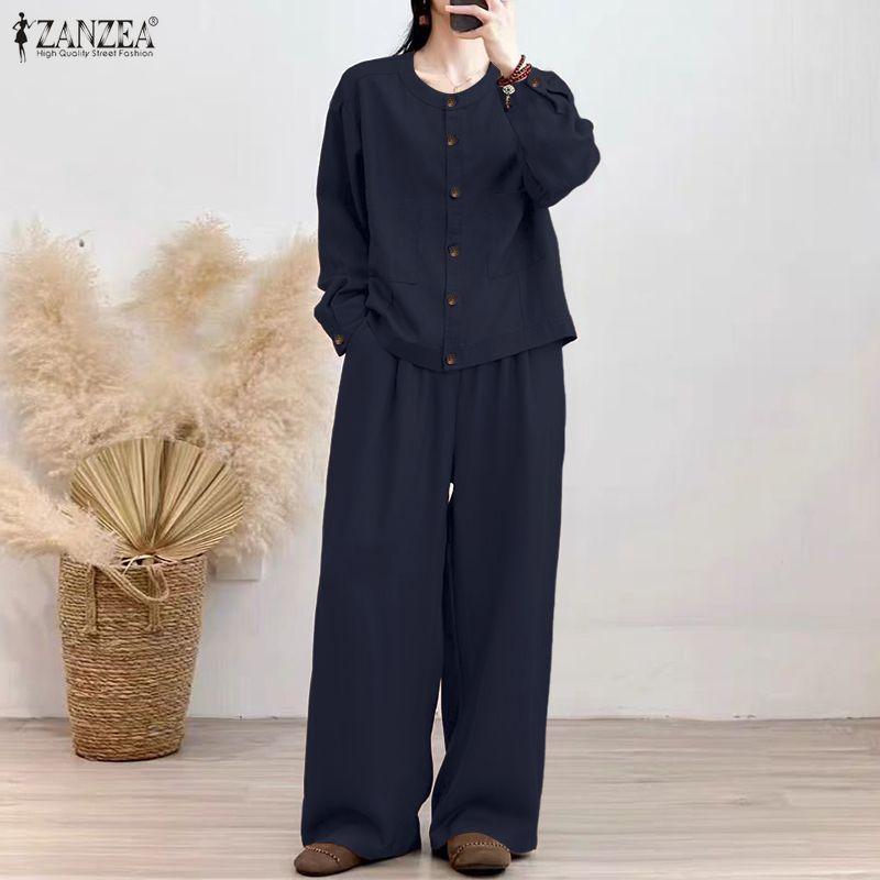 ZANZEA Bluză și pantaloni cu mânecă lungă pentru femei Seturi de costume casual din două piese