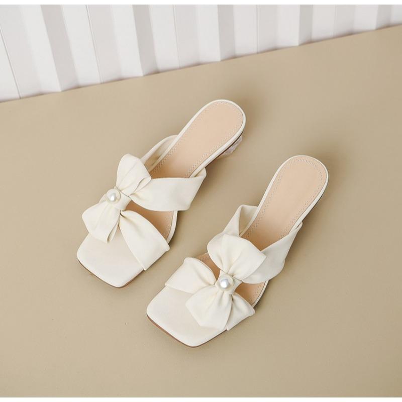 Square Toe Women Slippers Bow Heeled Sandals Loafers Shoes Woman 2026 Fashion Summer Shallow Dress Comfort Soft Leather Slides