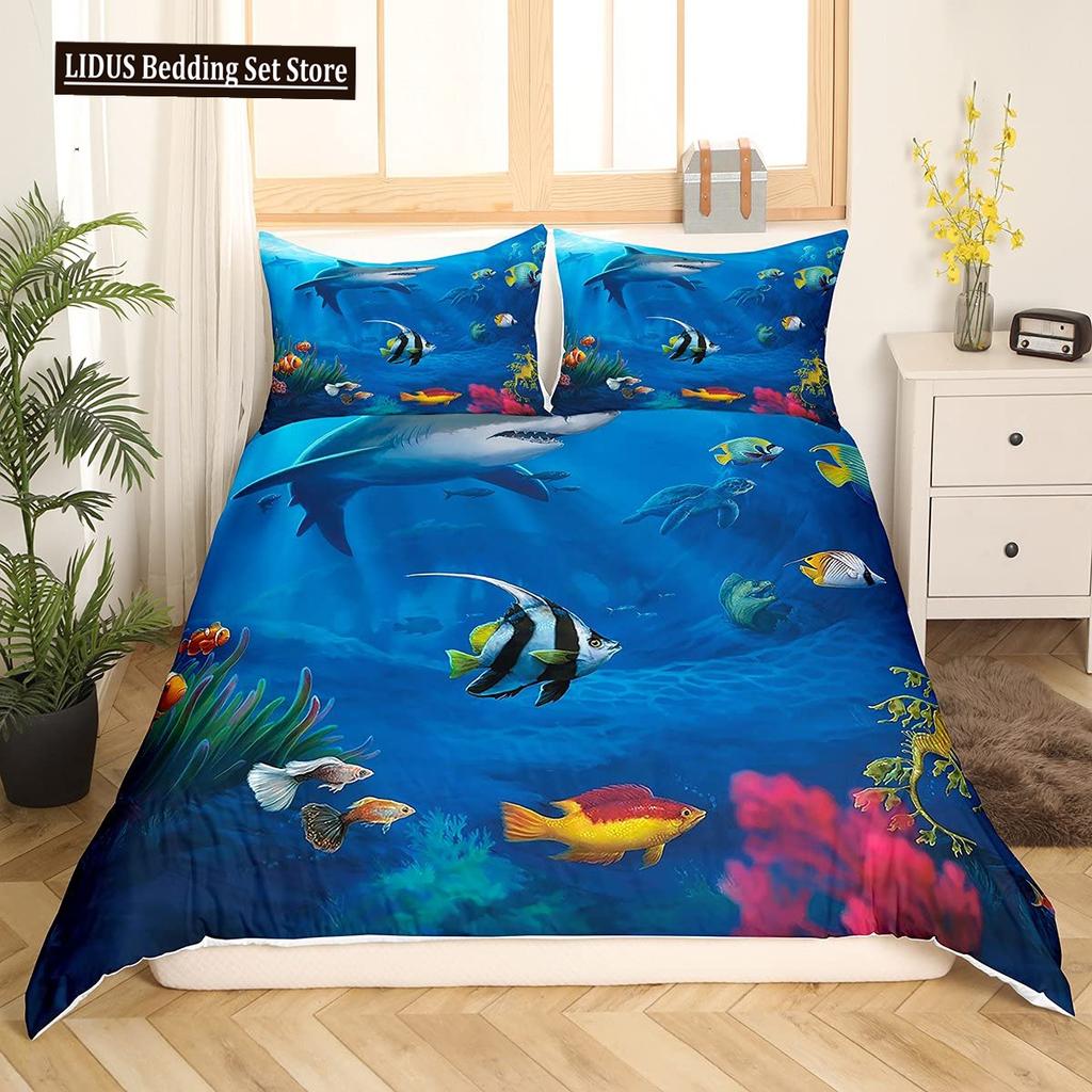 Fisch Bettbezug Set Ozean Bettwäsche Sets 3D Gedruckte Unterwasserwelt Mit Hai Delfin Korallenriff Muster Bettdeckenbezug Set 2/3tlg