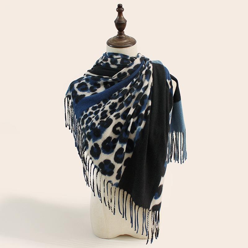 Leopard Print Women's Warm Scarf Color-block Leopard Wrap Shawl