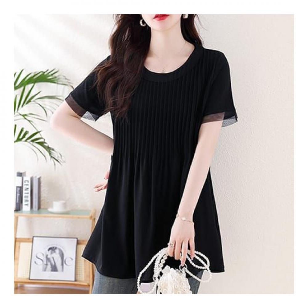 Navava Women Vintage Pleats Round Neck Short Sleeve Blouse Nb2199