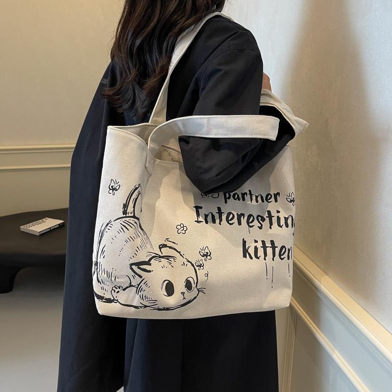 Cartoon Letter Cat Canvas Bag Women's 2025 Autumn and Winter New Large-capacity Shoulder Bag Versatile Tote Bag