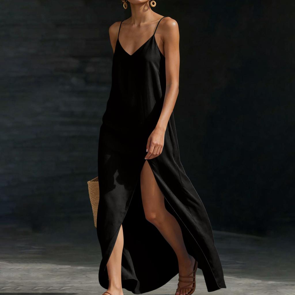 Women’s Sleeveless Maxi Dress with Adjustable Spaghetti Straps and Side Slit Relaxed Fit Long Sundress for Summer Beachwear