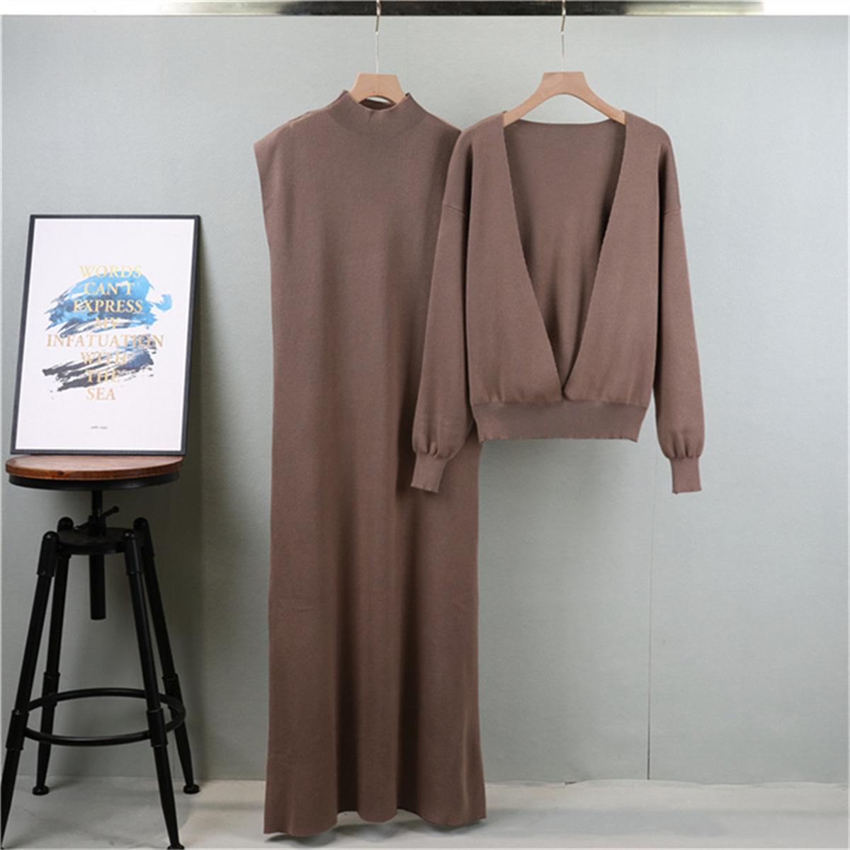 

Модный женский весенне-осенний вязаный костюм без рукавов, состоящий из длинного платья и костюма с длинными рукавами и глубоким V-образным вырезом, две вещи OneSize верблюд