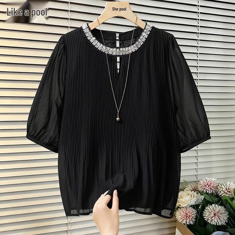 Women s Elegant French Pleated Hollow Blouse M