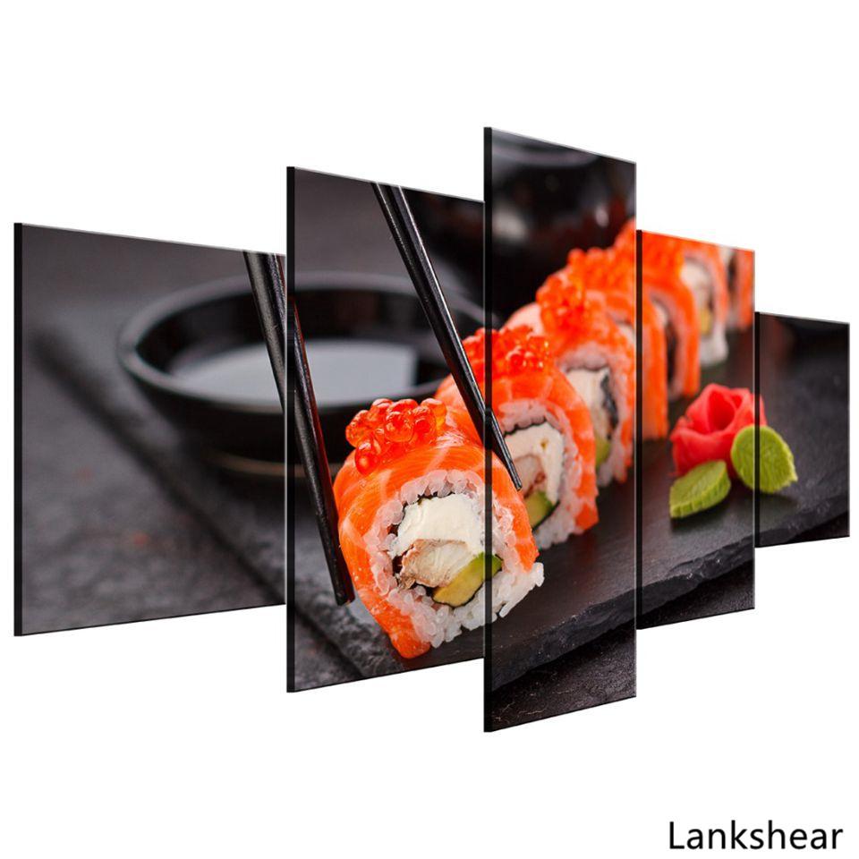 

Картины на холсте, настенная живопись для кухни, в рамке, 5 шт., японская вкусная картина суши для гостиной, принты, постер с едой, домашний декор 20x35cm*2 20x45cm*2 20x55cm*1