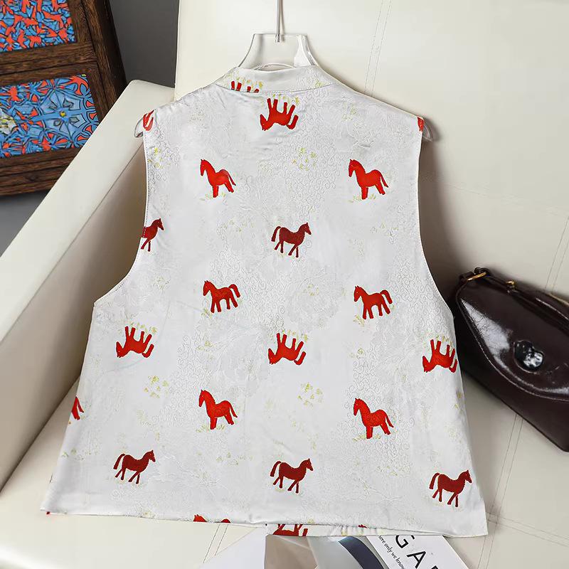 Women's Retro Jacquard Vest: Stand Collar, Horse Pattern, Frog Button, Elegant Cape, Chinese Style, Single-Breasted Cardigan.