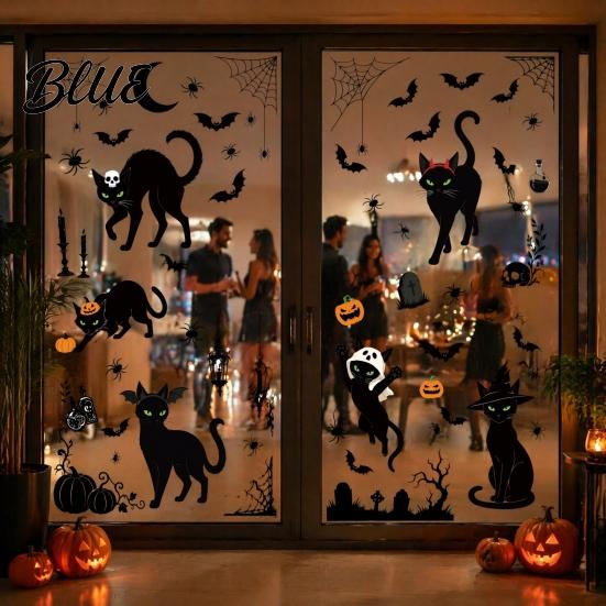 No Residue Holiday Decorations 6 Sheets/Set Black Cat Window Stickers Adhesive Free Static Clings Halloween Clings Bat Pumpkin Spider Web Decals for