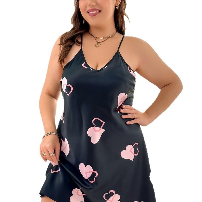 Plus Size Womens Heart Print Cross Back Cami Nightdress Comfortable Satin Sleepwear Fall