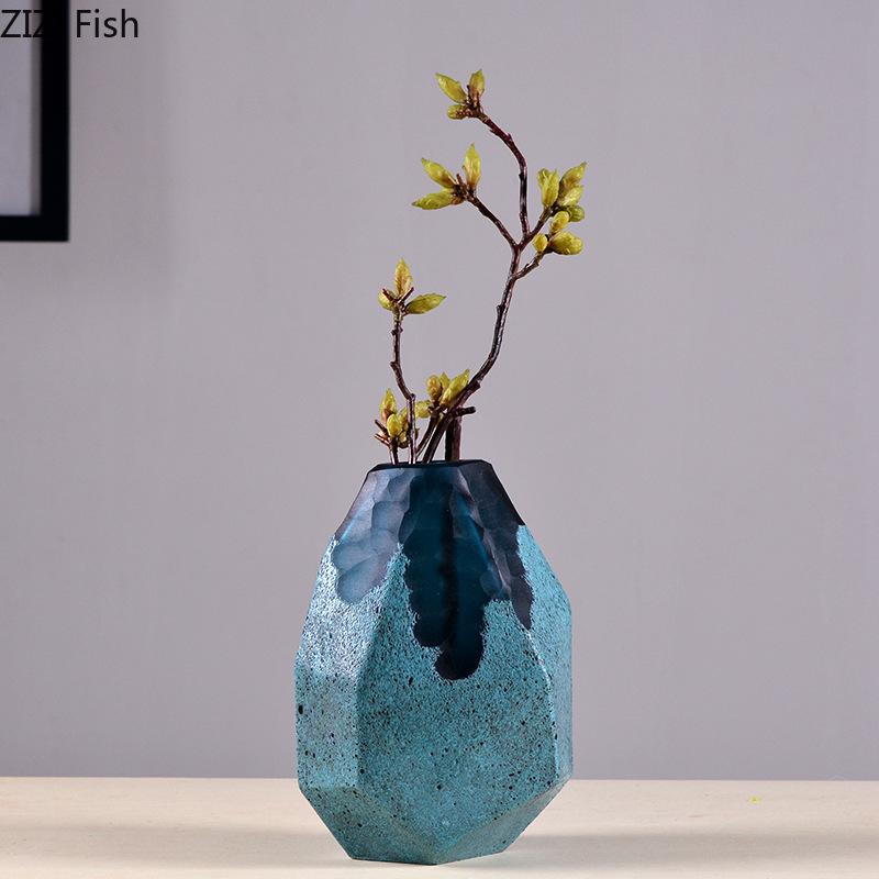 Geometric Texture Glass Vase Modern Blue Flower Pots Desk Decoration Flowers Arrangement Floral Vases Room Aesthetic Decor