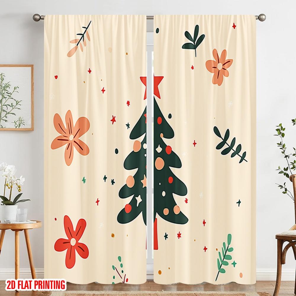 2pcs,2D Plane Printing Curtain Popular Christmas Tree Festive Stars (2) 100% Polyester (without Rod) Art Deco Festive Perfect