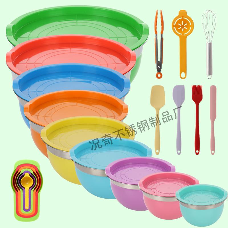American-Style Silicone-Lidded Salad Bowl Set - Stainless Steel, Multi-purpose for Cooking, Baking, and Egg Beating.