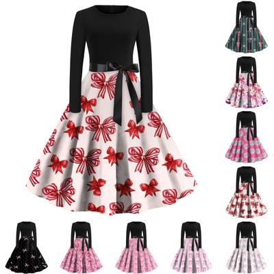 Women's Printed Round Neck Big Hem  Skirt Pleated Skirt Long Sleeved Dress Dress
