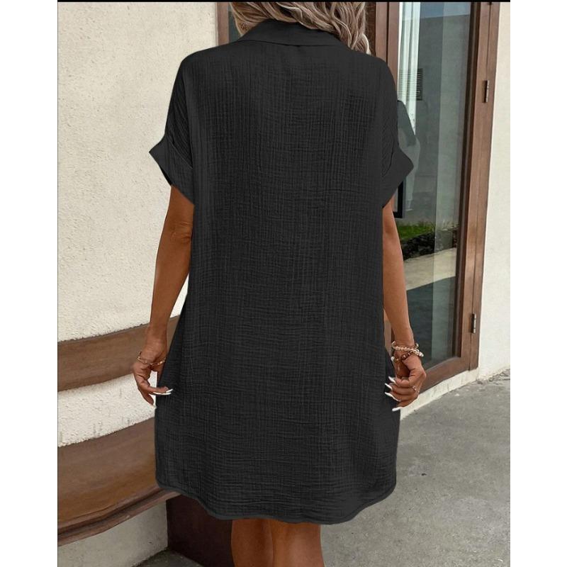 Abito Casual da Donna a Manica Corta, Monopetto, Colore Unito, Lunghezza Midi, Vestibilità Larga