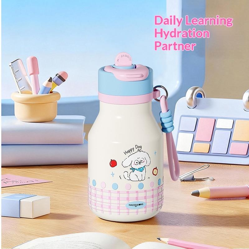 Modern Children's Cartoon Cute Stainless Steel 480ml Leak-Proof Vacuum Insulated Anti-Fall Thickened Strap Water Straw Cup