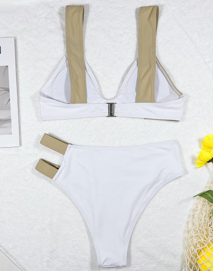 Ladies Swimsuit Sexy White Patchwork Wide Strap Beach Bikini Suit Swimwear