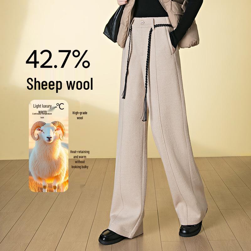 

Women s Wool Wide-Leg Pants - Thickened, Warm, Casual Straight-Leg for Autumn/Winter 29 бежевий