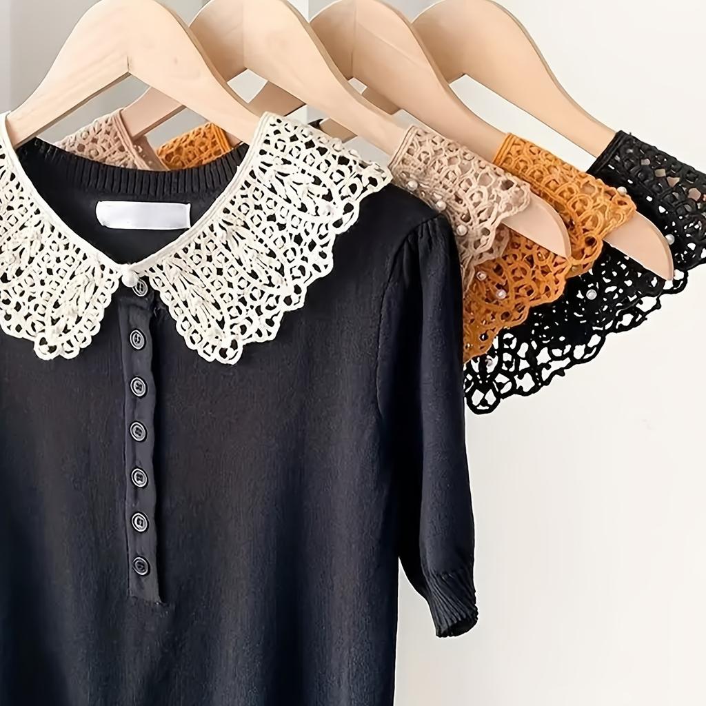 Damen Schwarze Spitze Falscher Kragen Blumenmuster mit Verzierungen, Leichter Sommer Abnehmbarer Schulter-Stil Faux-Kragen