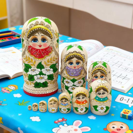 10Pcs/Set Handmade Wooden Matryoshka Doll 10 Layers Russian Nesting Doll Vintage Girl Stacking Toy Home Office Desktop Decoration Ornament