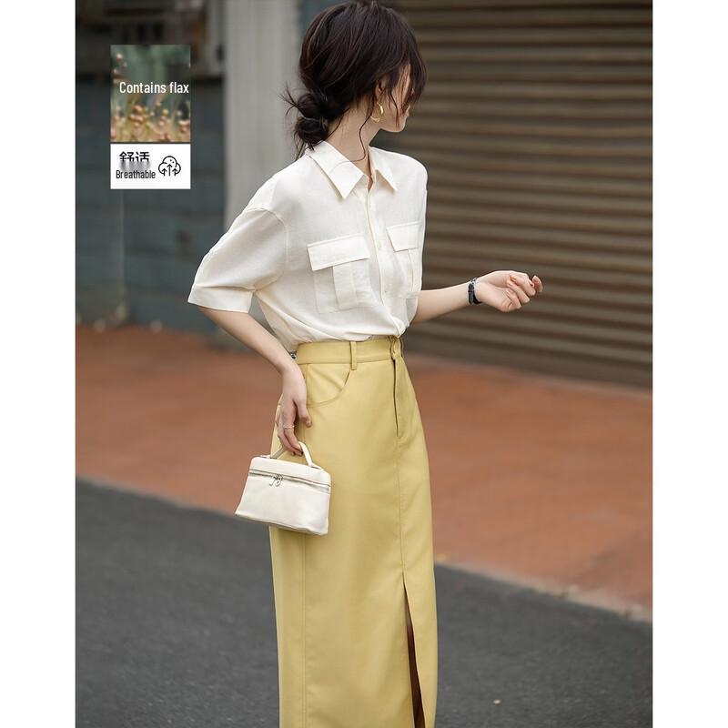 Elegant Linen Blend Commuter Spliced Shirt Dress M