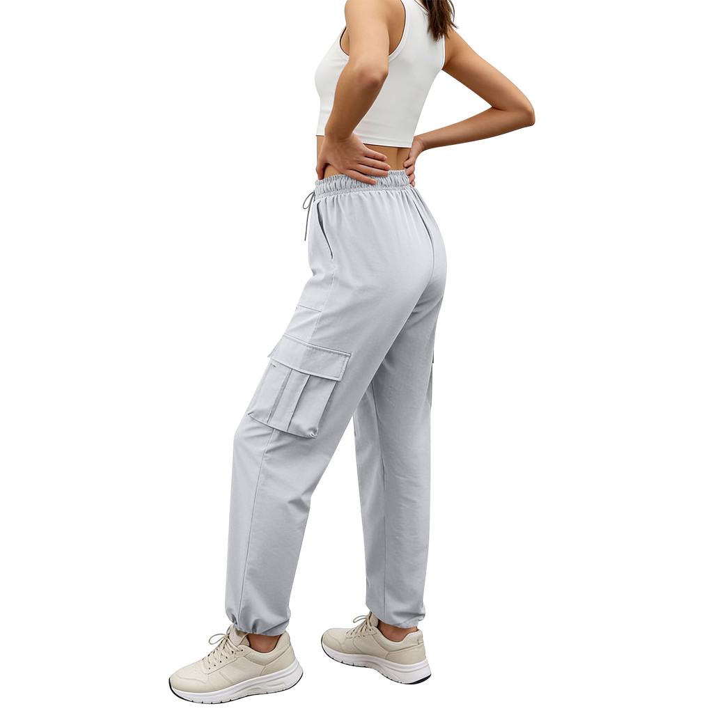 Women’s Loose Fit High Waist Cargo Pants with Multiple Pockets Elastic Waistband Drawstring Hem Casual Trousers for Daily Wear
