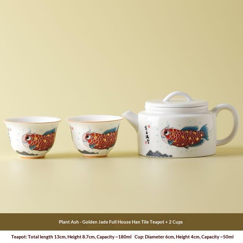 

Goldfish Pattern Gongfu Tea Set Beige Ceramic Teapot 1 Pot 2 Cups 1-2 People Tea Suit Park Tea Maker Office Hotel Gift Teaware