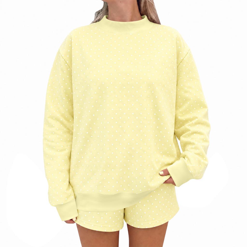Women's Loose Fit Polka Dot Long Sleeve Neck Sweatshirt and Shorts 2 Piece Set