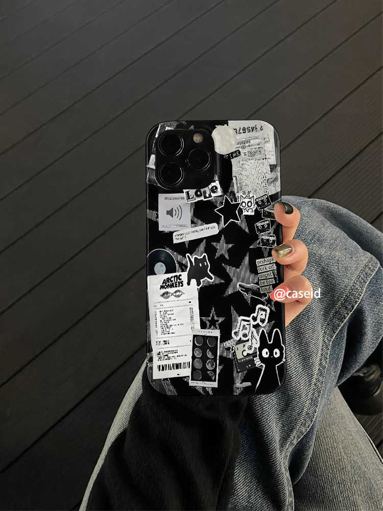 Ins Style Black White Stickers For Cats Phone Case For iPhone 17 16 15 14 11 13 12 11 Pro Max XR X XSMax Air MINI 7 8 Plus Cover