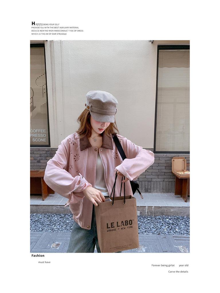 Korean-Style Pink Suede Short Jacket for Women - 2025 Autumn, Hollow Design, Age-Defying, Petite Fit, Fashion-Forward.