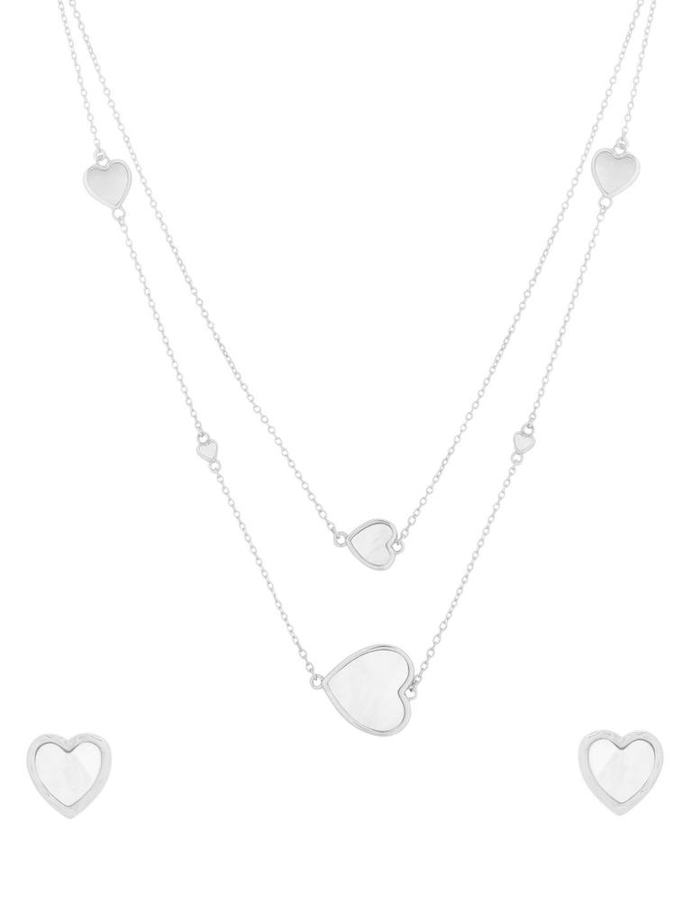 Kicky and Perky 925 Sterling Silver Mother of Pearl Station Layred Heart Love Necklace Earrings Jewelry Set For Womens