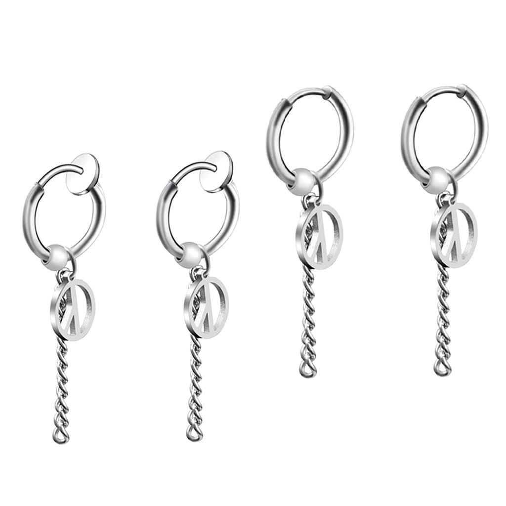 Stainless Steel Hip Hop Peace Long Dangle Earrings Hoop Studs NonPiecred